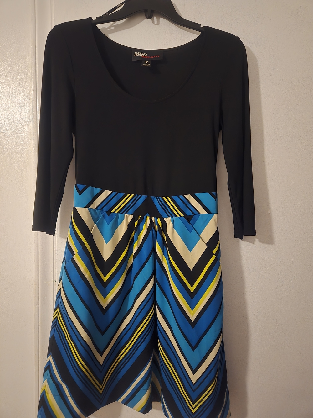 Miss Sixty Black Bodice Blue, Yellow & Cream Chevron Skirt Dress